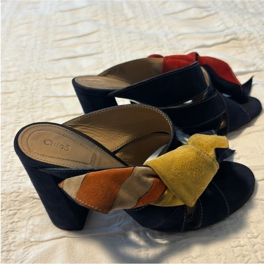 Chloé Nellie Suede Sandals Slip On Block Heel Knot Detail Navy Blue Women's US 5 - Picture 7 of 13